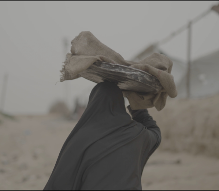 A woman carrying a bundle along the shore